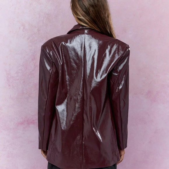 Burgundy Party Women's Shiny Faux Leather Oversized Blazer - Picture 2 of 4